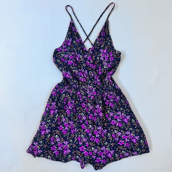 LULUS Cross Back Flowy Floral‎ Romper Womens Small Navy Pink - Picture 2 of 7